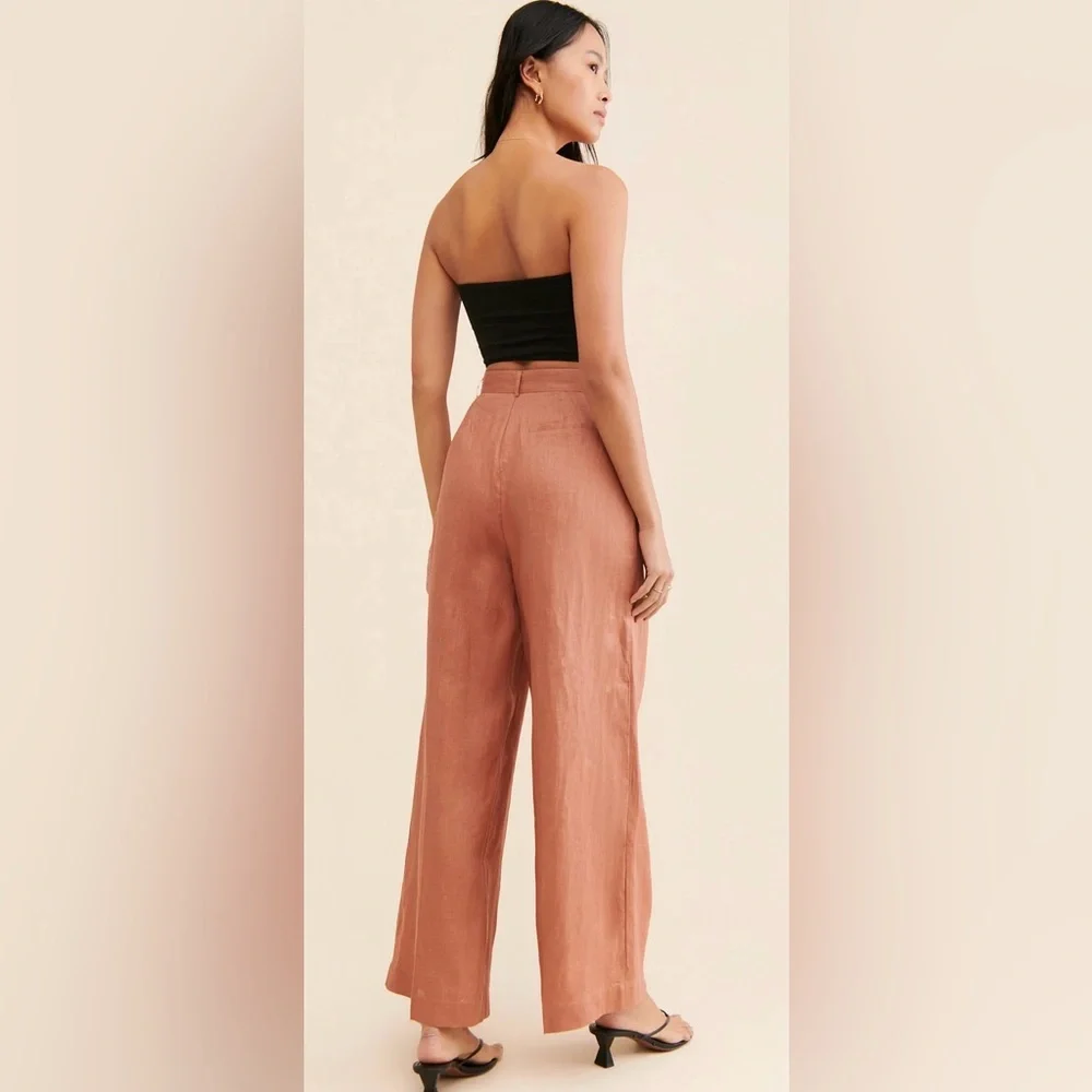 MinkPink 100% Linen Dylan Wide Leg Pants Pink High Ankle Crop Pleated 32 Waist